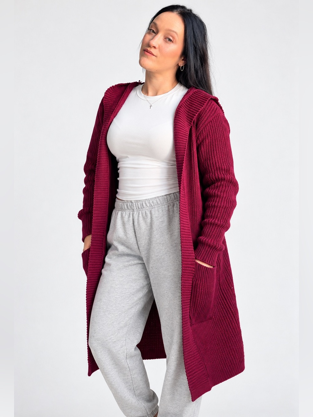 Long Open-Front Hooded Cardigan Sweater - Burgundy